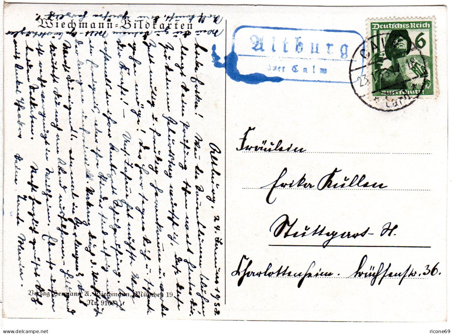 DR 1933, Landpost Stpl. ALTBURG über Calw Auf Karte M. 6 Pf. - Covers & Documents