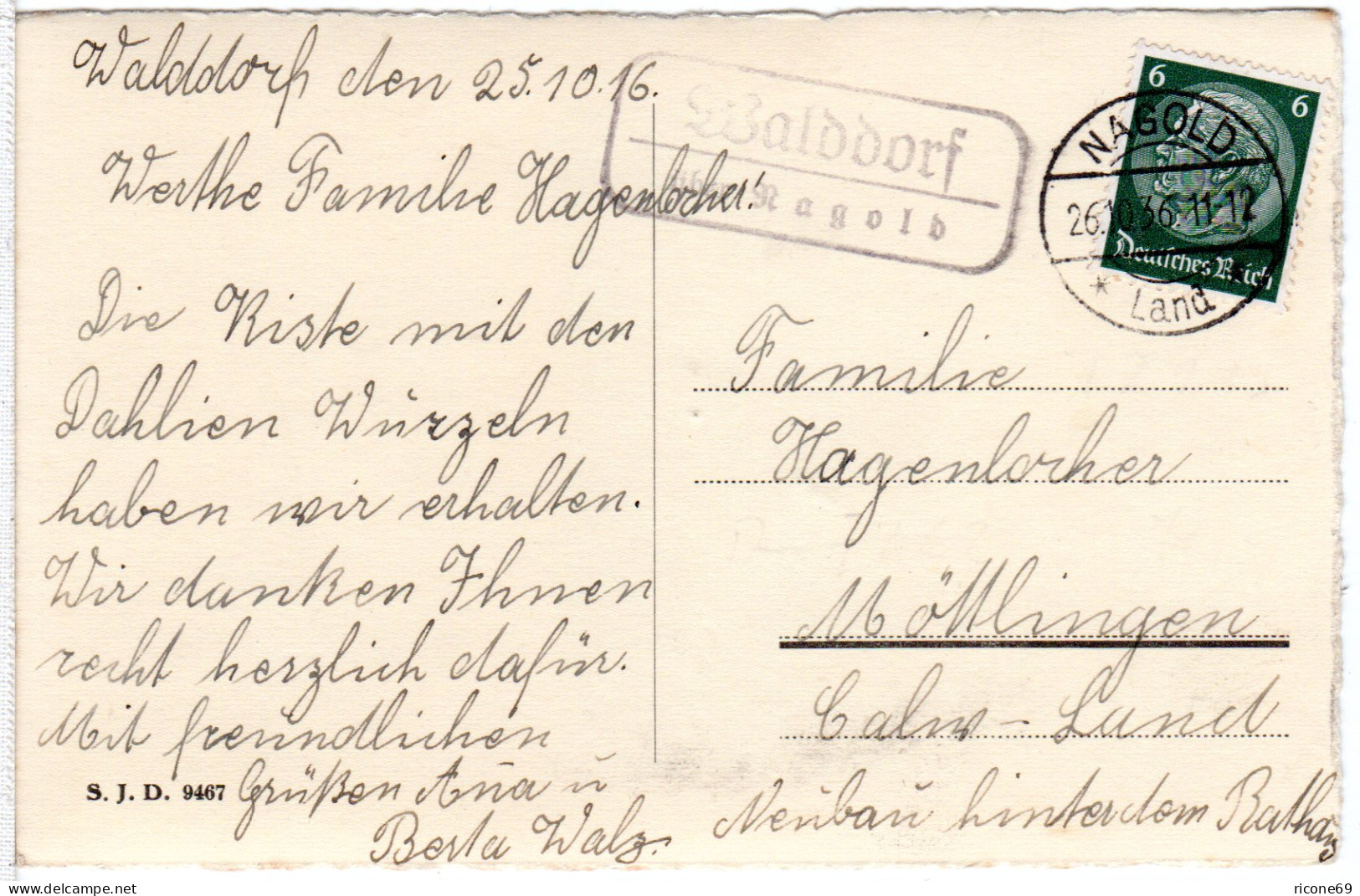 DR 1936, Landpost Stpl. WALDDORF über Nagold Auf Karte M. 6 Pf. - Lettres & Documents