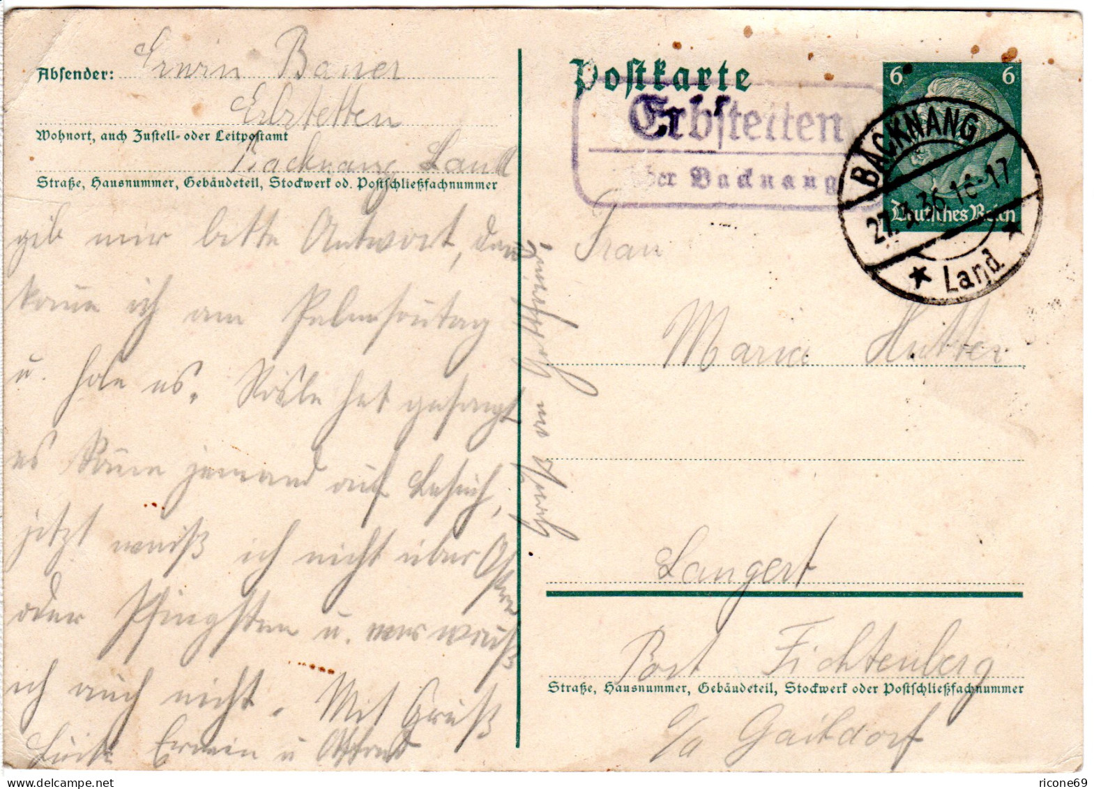 DR 1936, Landpost Stpl. ERBSTETTEN über Backnang Auf 6 Pf. Ganzsache - Covers & Documents