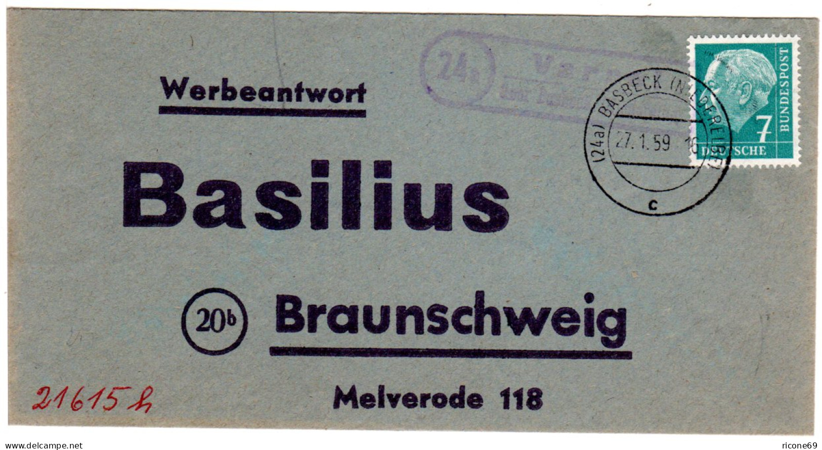 BRD 1959, Landpost Stempel 24a VARREL über Basbeck Auf Werbeantwort Brief  - Lettres & Documents
