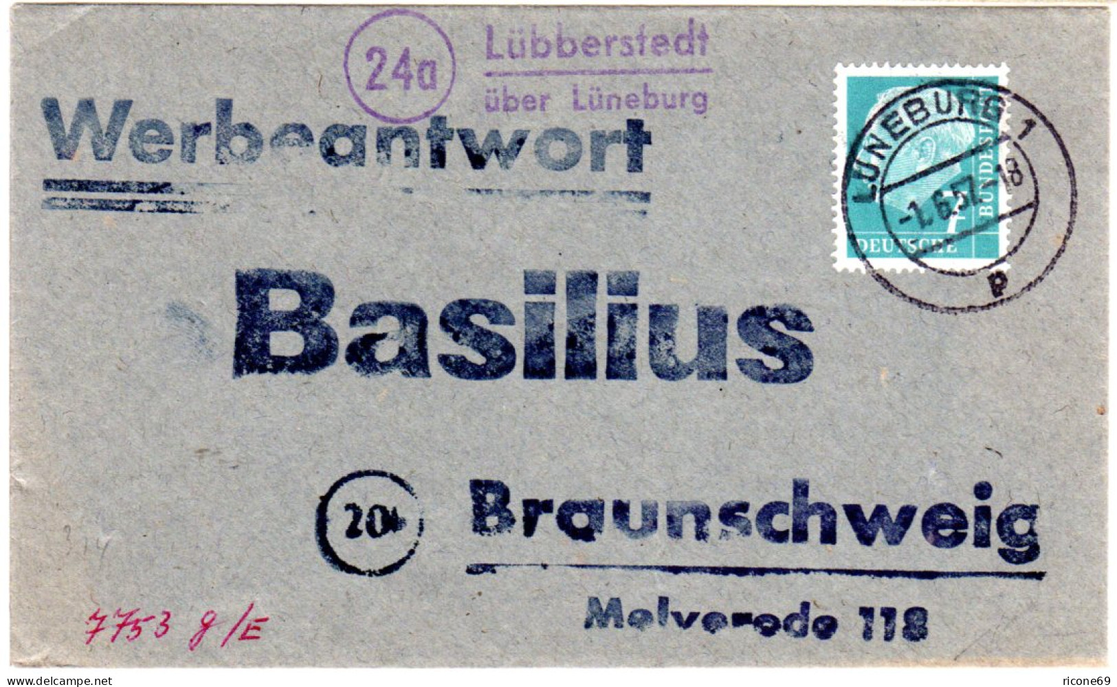 BRD 1957, Landpost Stempel 24a LÜBBERSTEDT über Lüneburg Auf Werbeantwort Brief - Storia Postale