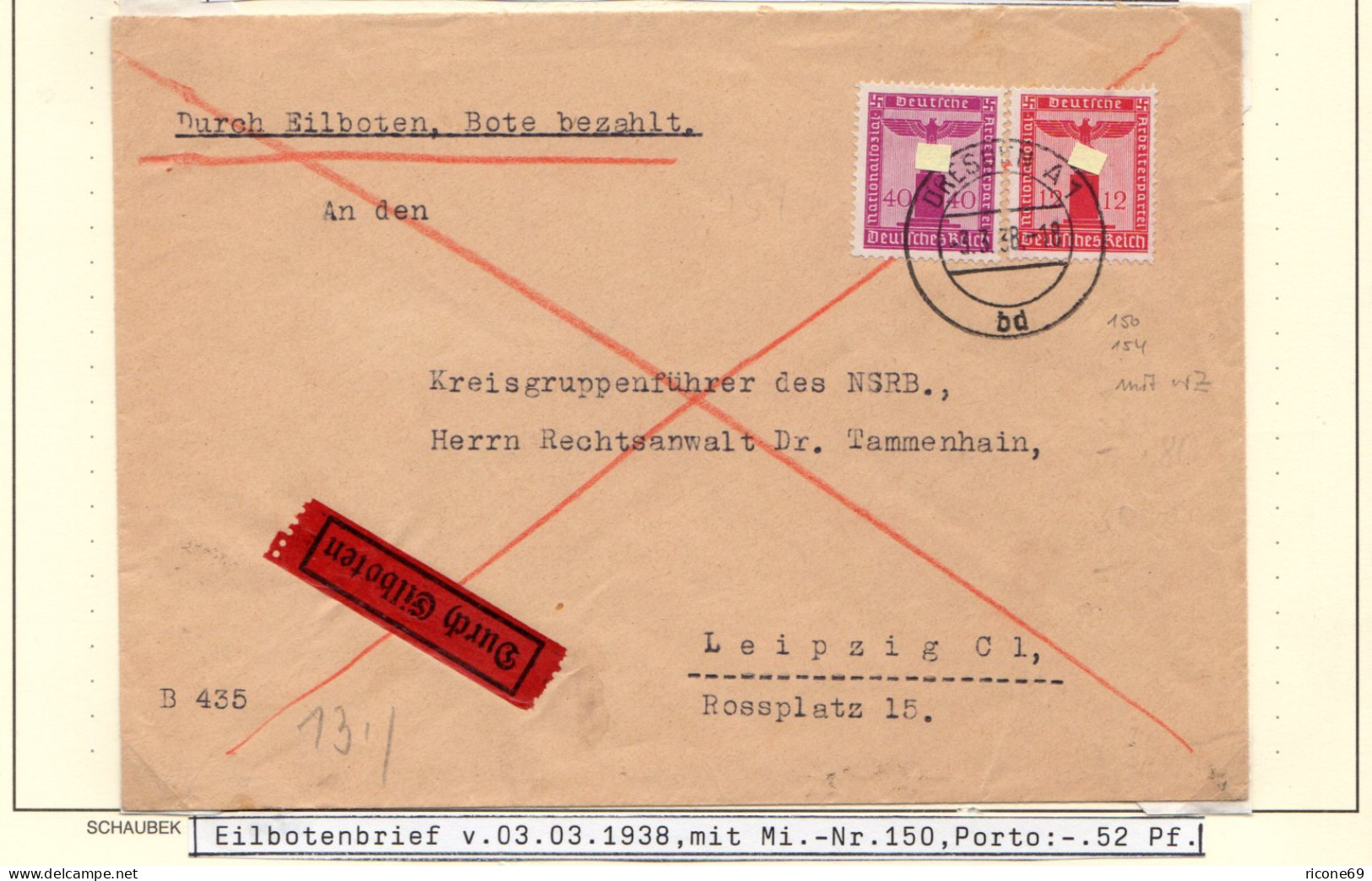 DR 1938, 12+40 Pf. Dienst Auf Einlboten Brief V. Dresden N. Leipzig. - Lettres & Documents