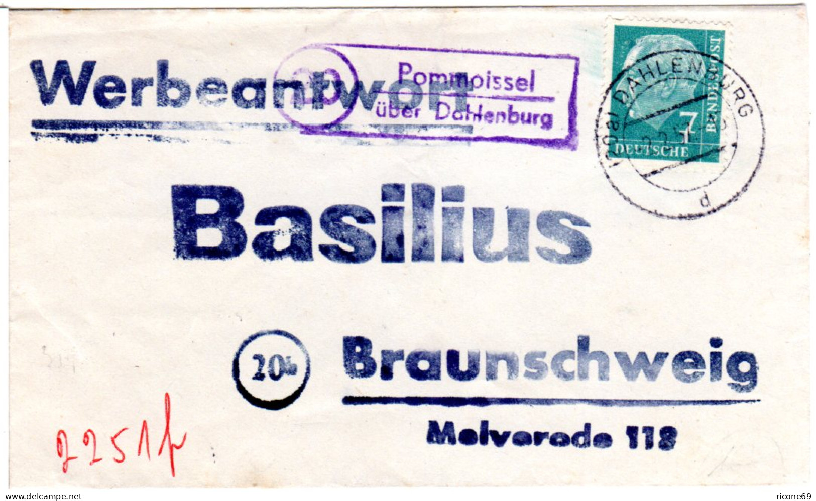 BRD 1957, Landpost Stempel 20 POMMOISSEL über Dahlenburg Auf Werbeantwort Brief  - Other & Unclassified