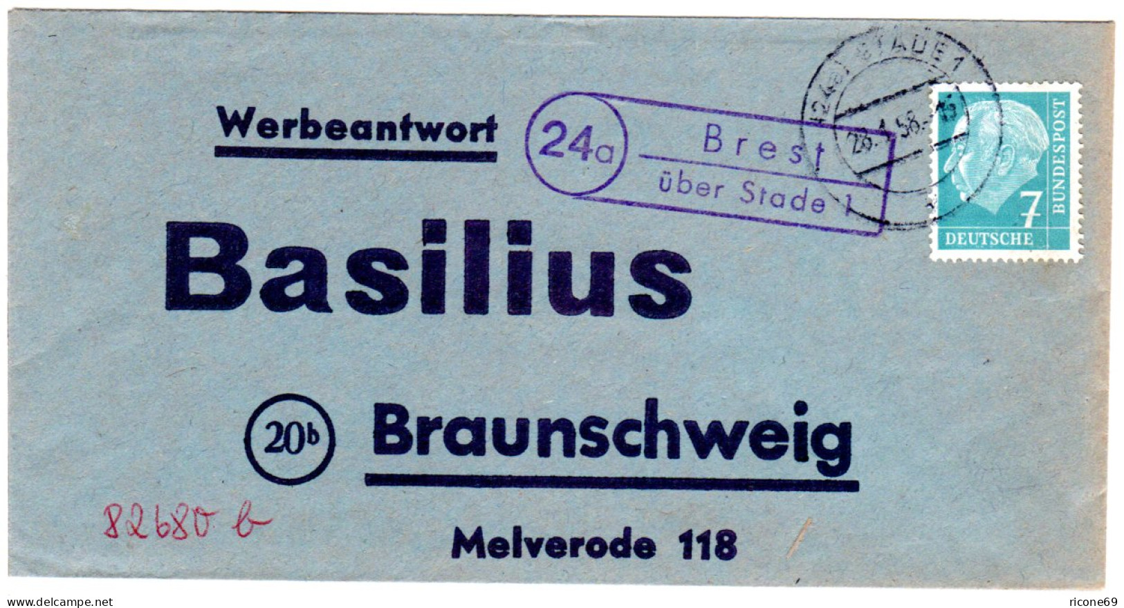 BRD 1958, Landpost Stempel 24a BREST über Stade 1 Auf Werbeantwort Brief  - Covers & Documents