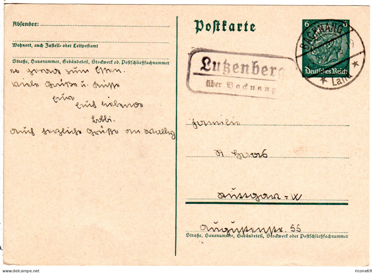 DR 1937, Landpost Stpl. LUTZENBERG über Backnang Auf 6 Pf. Ganzsache - Covers & Documents