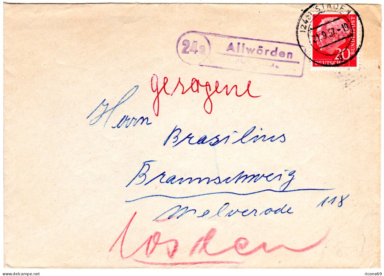 BRD 1957, Landpost Stpl. 24a ALLWÖRDEN über Stade Auf Brief M. 20 Pf. - Verzamelingen