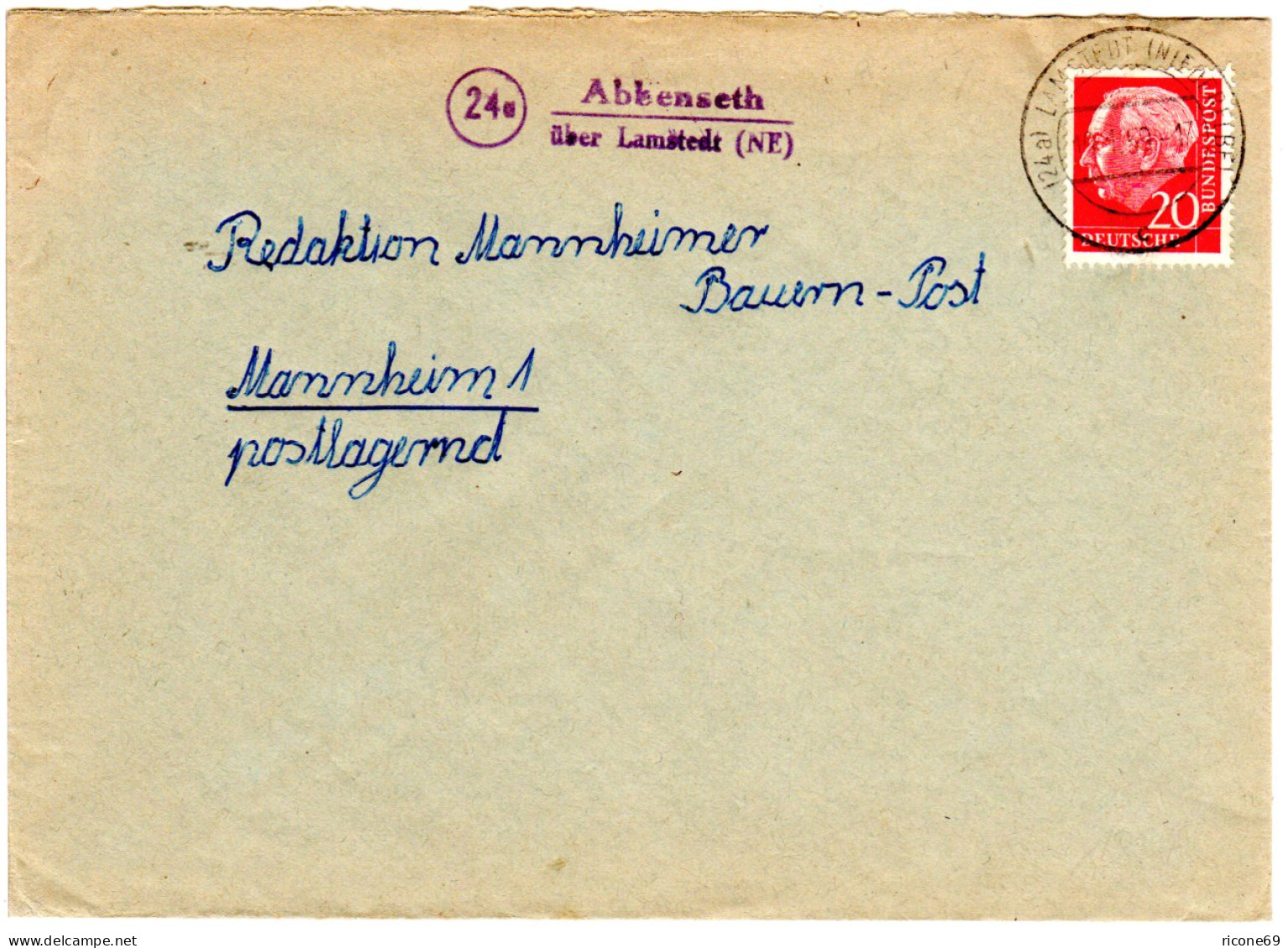 BRD 1959, Landpost Stpl. 24a ABBENSETH über Lamstedt (NE) Auf Brief M. 20 Pf. - Verzamelingen