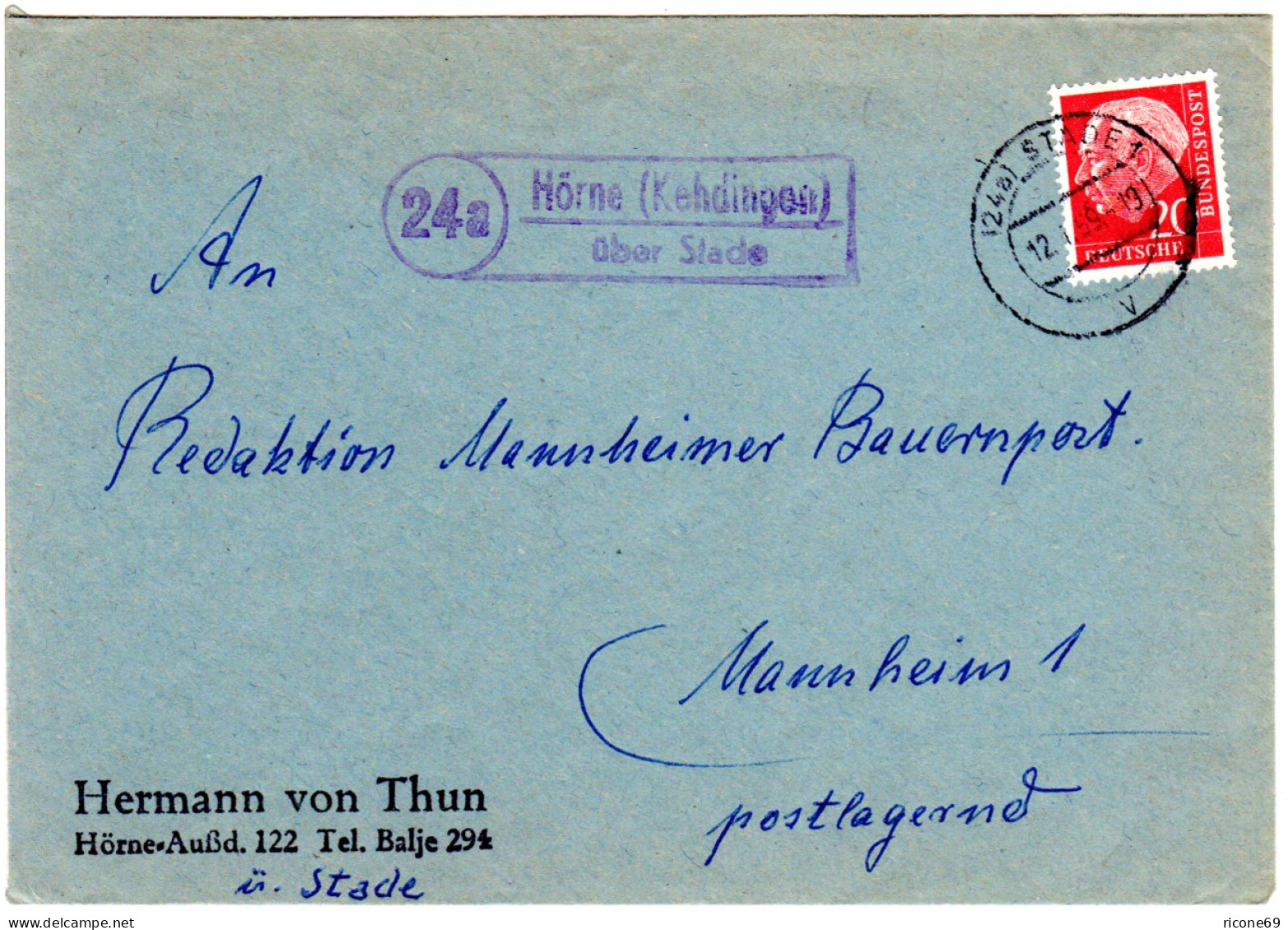 BRD 1959, Landpost Stpl. 24a HÖRNE (Kehdingen) über Stade Auf Brief M. 20 Pf. - Verzamelingen