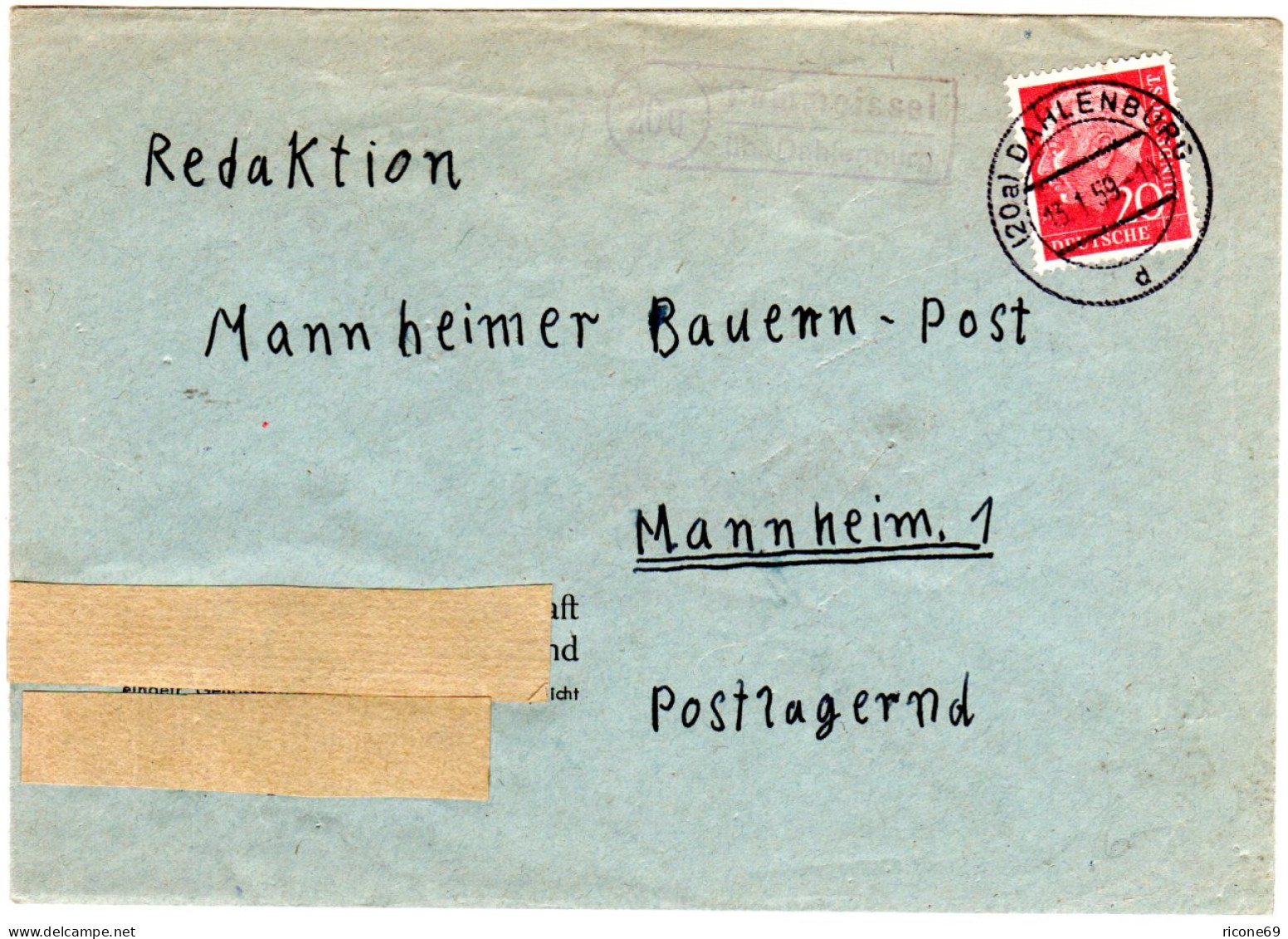 BRD 1959, Landpost Stpl. 24a POMMOISSEL über Dahlenburg Auf Brief M. 20 Pf. - Collections