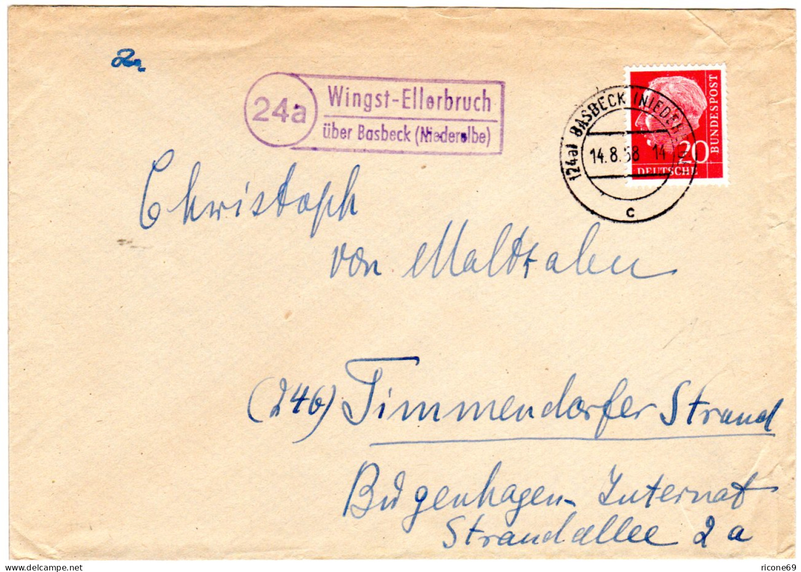 BRD 1958, Landpost Stpl. 24a WINGST-ELLERBRUCH über Basbeck Auf Brief M. 20 Pf. - Verzamelingen