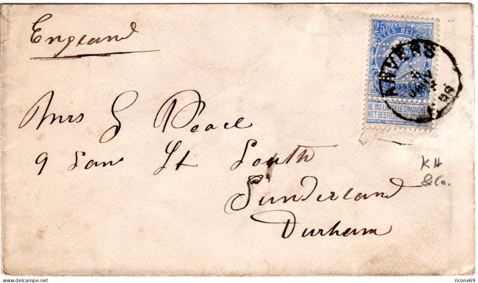 Belgien 1896, 25 C. M. Perfin Auf Brief V. Anvers N. GB - Autres & Non Classés