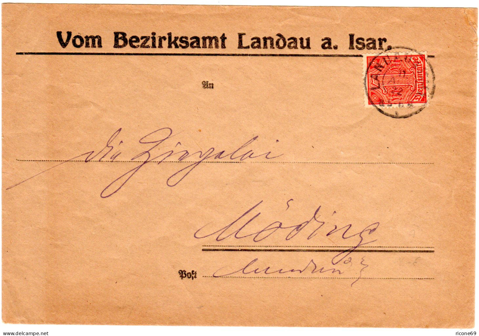 DR 1922, Gute EF 1 Mk. Dienst Auf Brief V. Landau N. Möding (Kat. 80 €). - Dienstmarken
