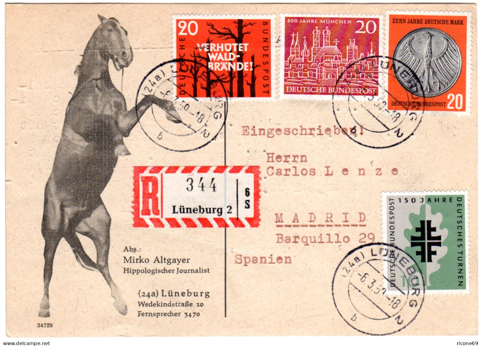 BRD 1959, 4 Marken Auf Einschreiben Karte V. Lüneburg N. Spanien - Briefe U. Dokumente