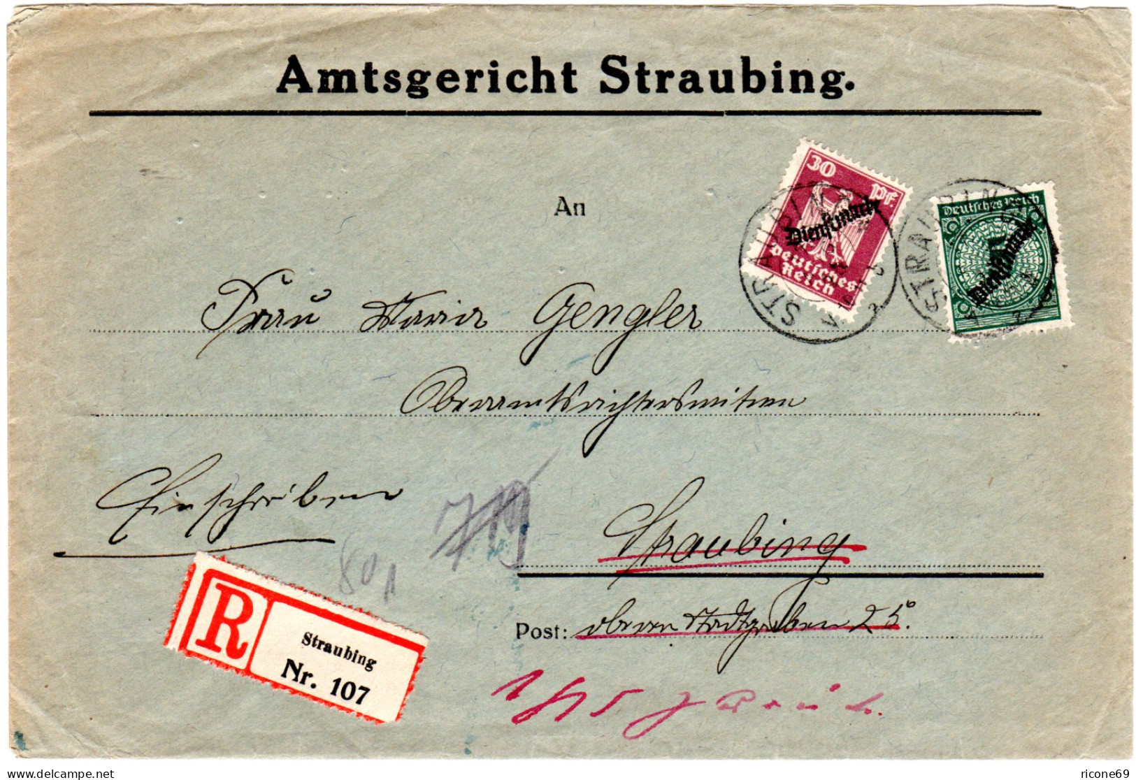 DR 1925, Mischfrankatur 5+30 Pf. Dienst Auf Orts Einschreiben Brief V. Straubing - Lettres & Documents