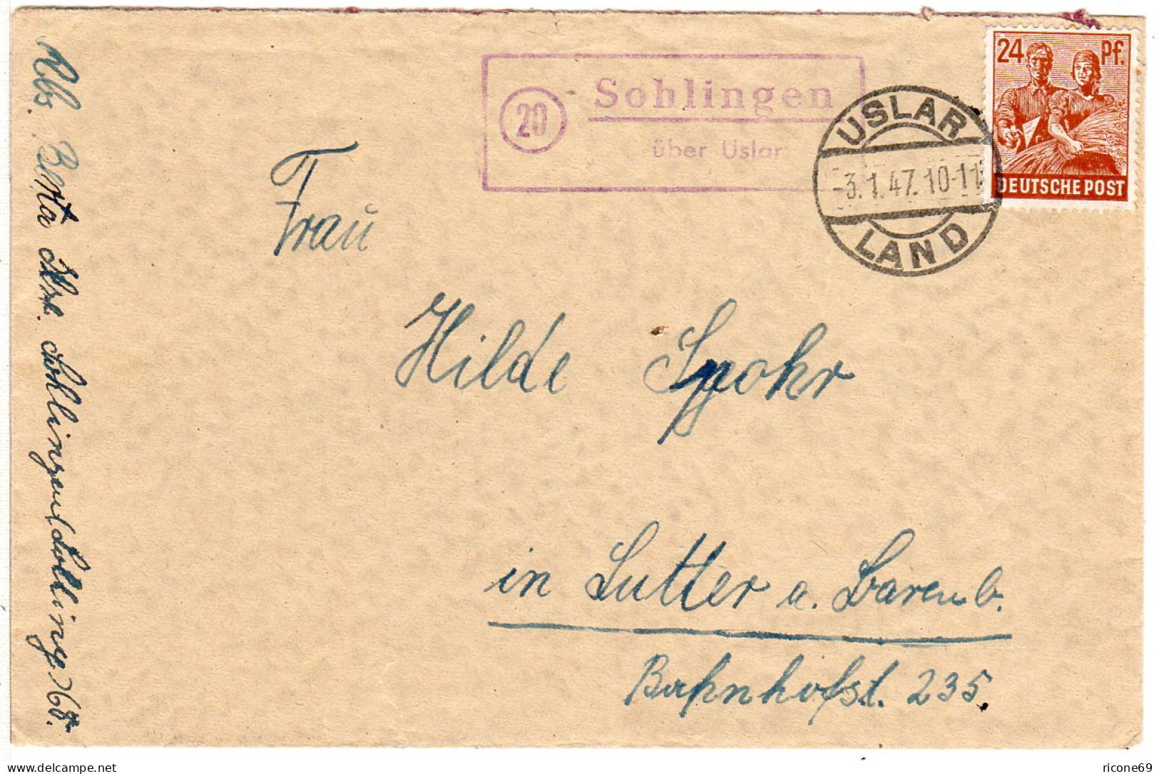1947, Landpost Stpl. 20 SOHLINGEN über Uslar Auf Brief M. 24 Pf.  - Lettres & Documents
