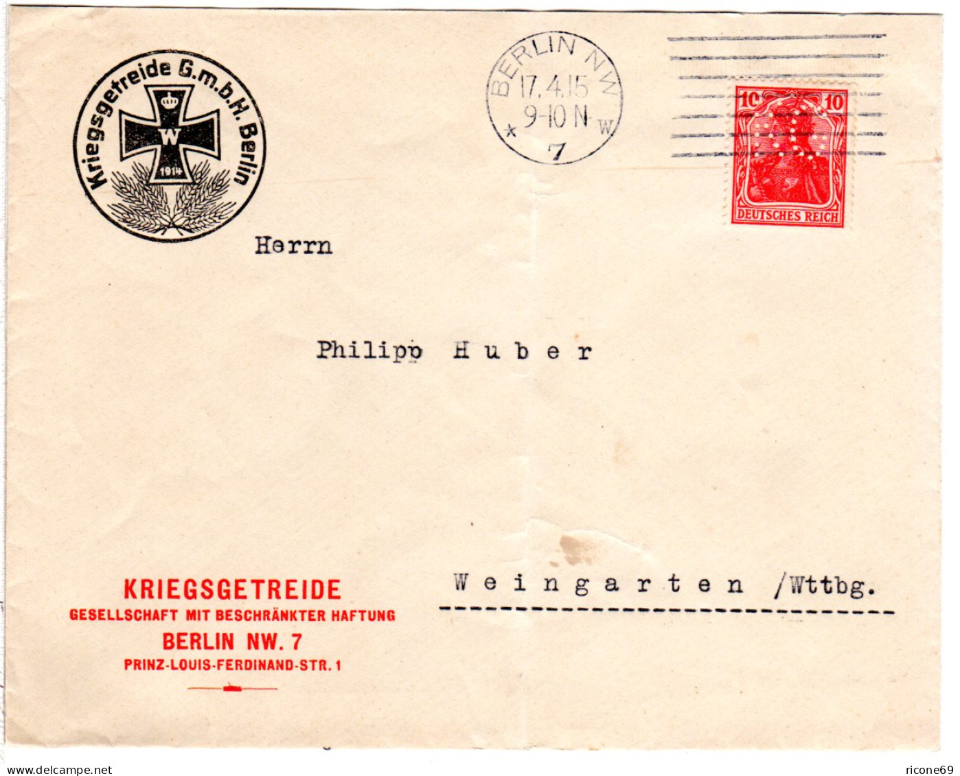 DR 1915, 10 Pf. Germania M. Perfin Auf WW I Firmenumschlag V. Berlin - Sonstige & Ohne Zuordnung