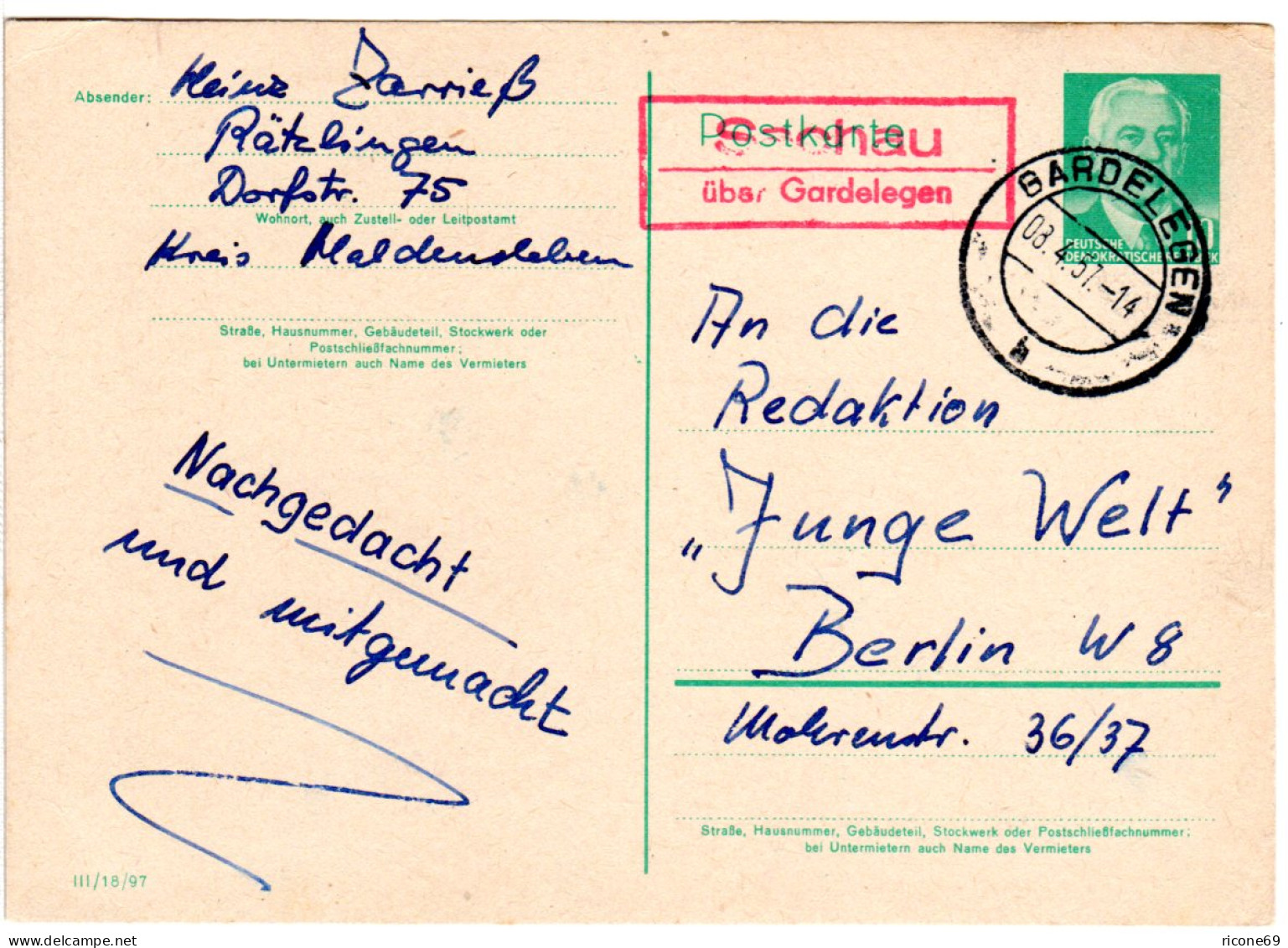 DDR 1957, Roter (!) Landpost Stpl. SACHAU über Gardelegen Auf 10 Pf. Ganzsache - Cartas & Documentos