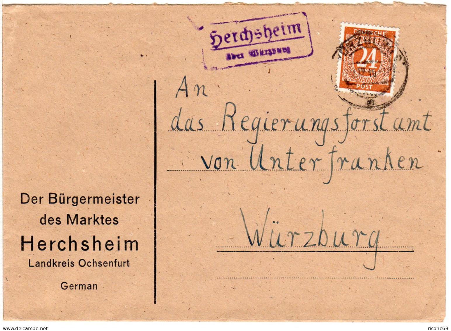 1948, Landpost Stpl. HERCHSHEIM über Würzburg Auf Bürgermeister Brief M. 24 Pf - Lettres & Documents