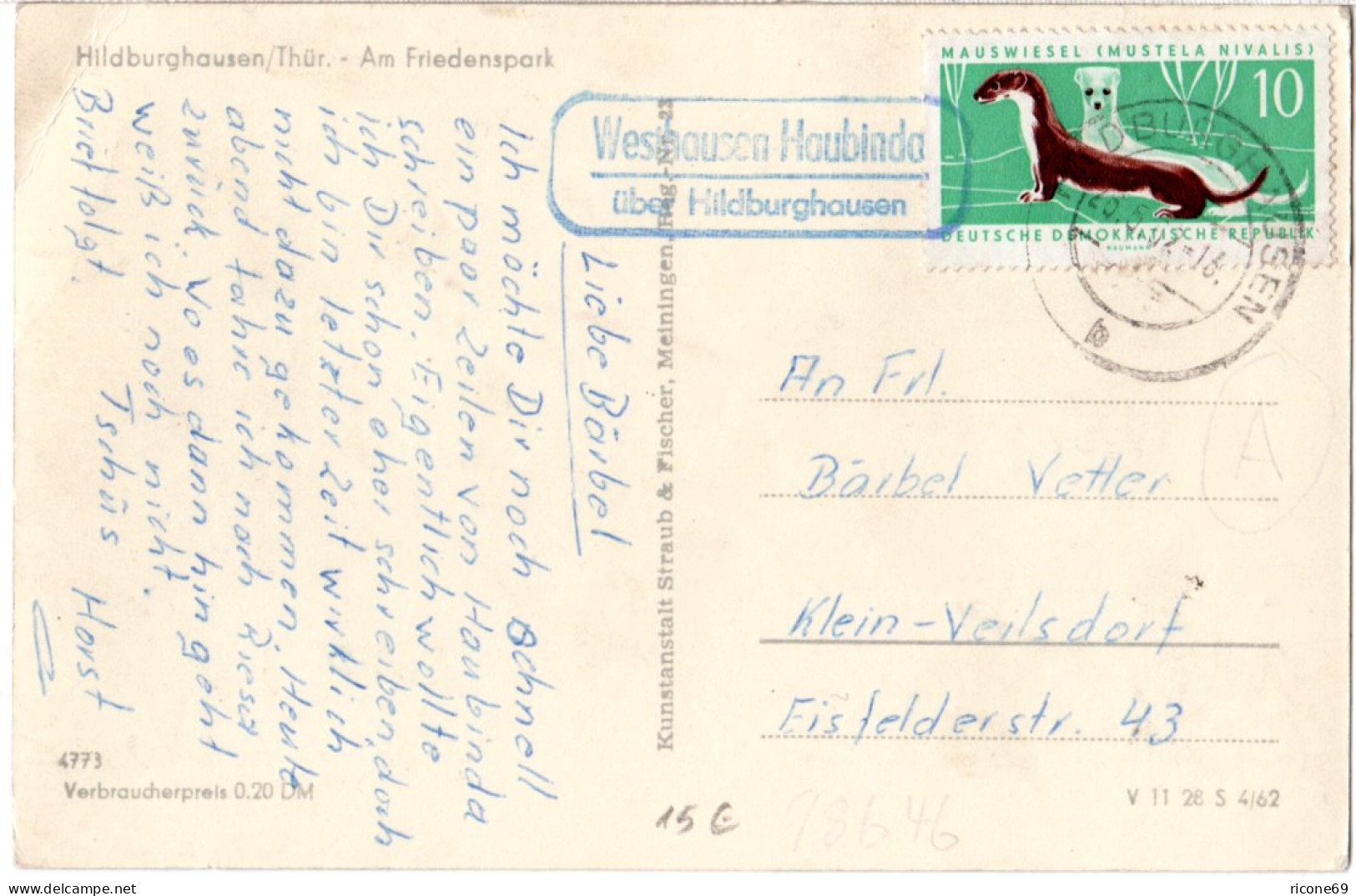 DDR 1962, Landpost Stpl. WESTHAUSEN HAUBINDA über Hildburghausen Auf AK  - Storia Postale