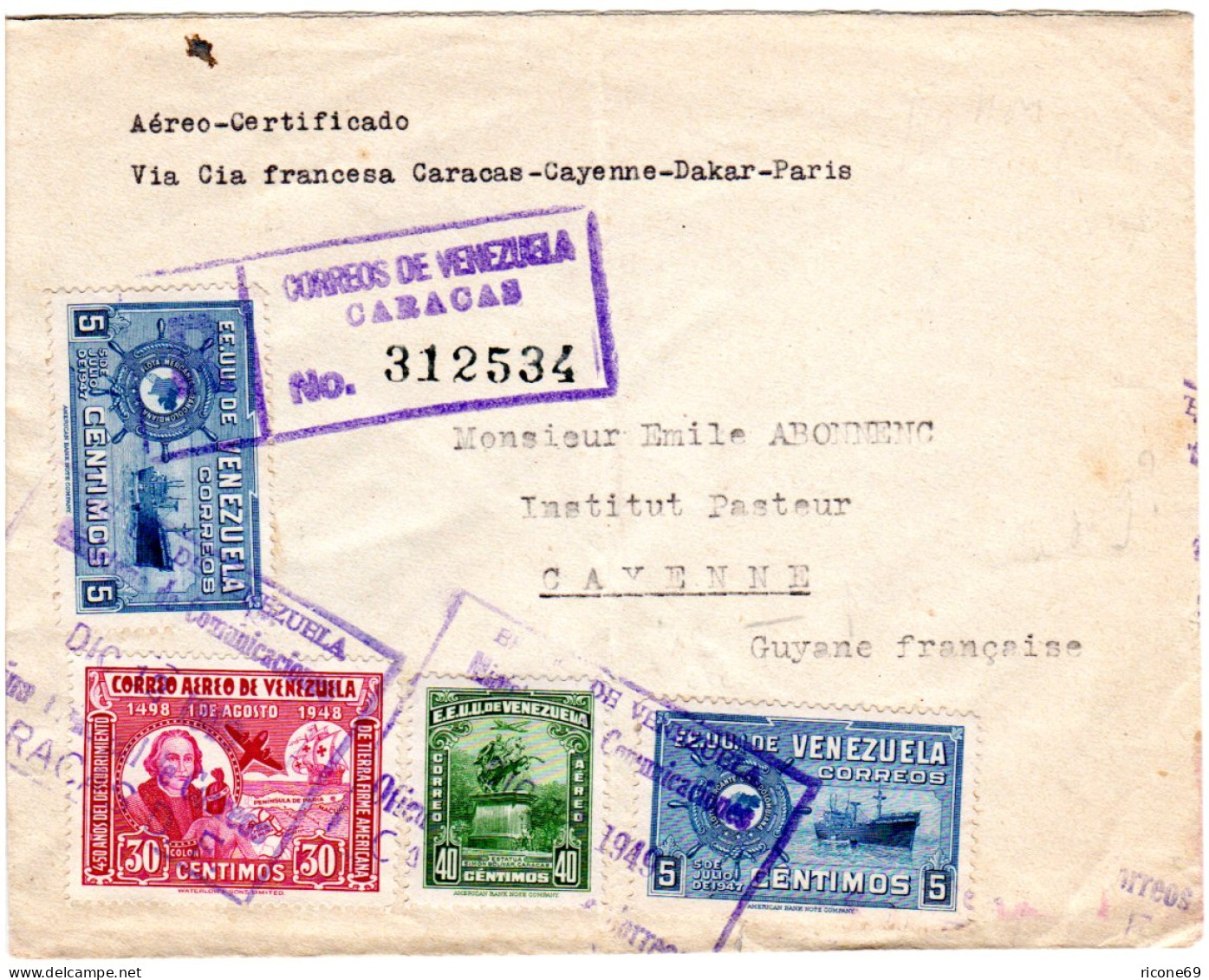 Venezuela 1949, 4 Marken Auf Luftpost Einschreiben Brief N. Französisch Guyana - Venezuela