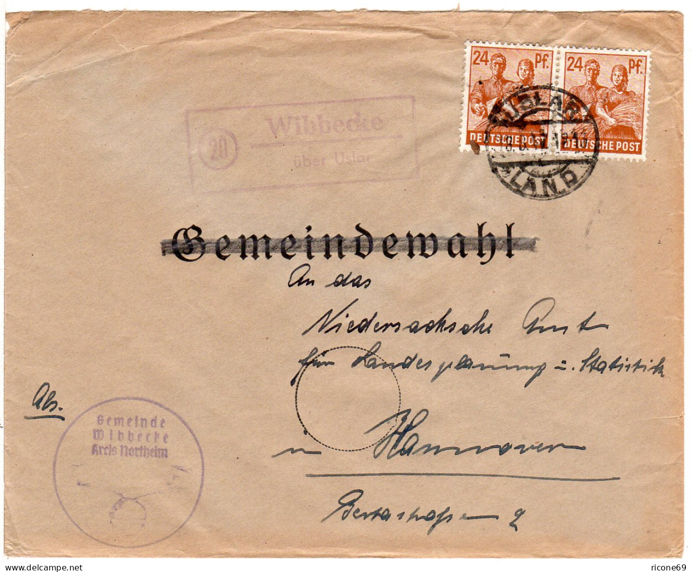 DR 1947, Landpost Stpl. 20 WIBBECKE über Uslar Auf Gemeinde Brief M. 2x24 Pf - Lettres & Documents