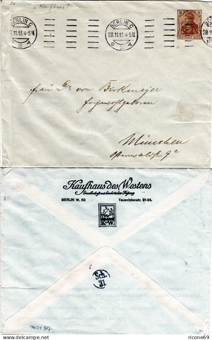 DR 1913, Gebr. 3 Pf. Germania Privat-Ganzsachenumschlag Kaufhaus D. Westens - Covers & Documents