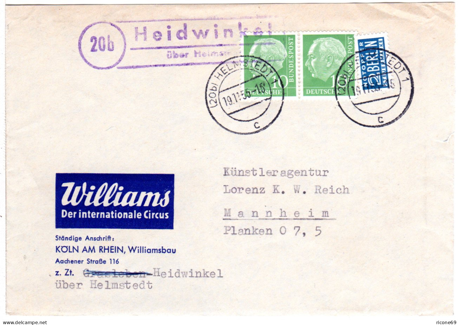 BRD 1955, Landpoststempel 20b HEIDWINKEL über Helmstedt Auf Zirkus Brief - Lettres & Documents