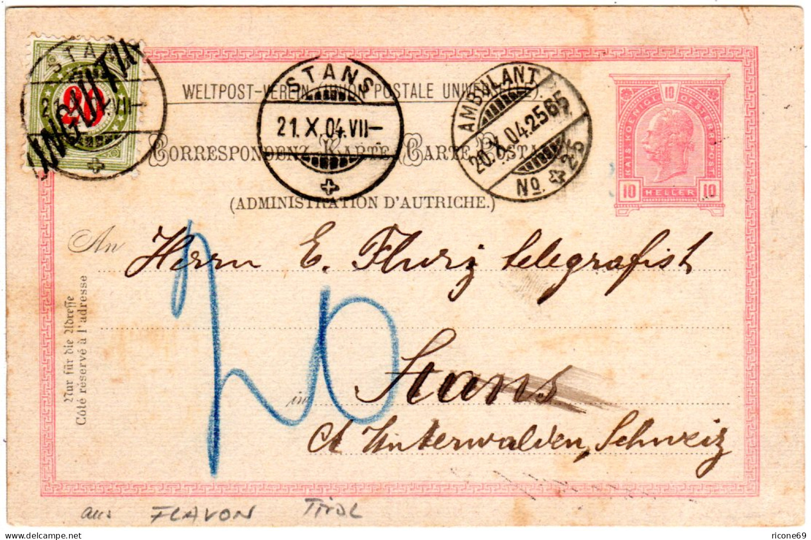 Österreich 1904, 10 H. Ganzsache V. Flavon M. Schweiz Porto 20 C. - Lettres & Documents