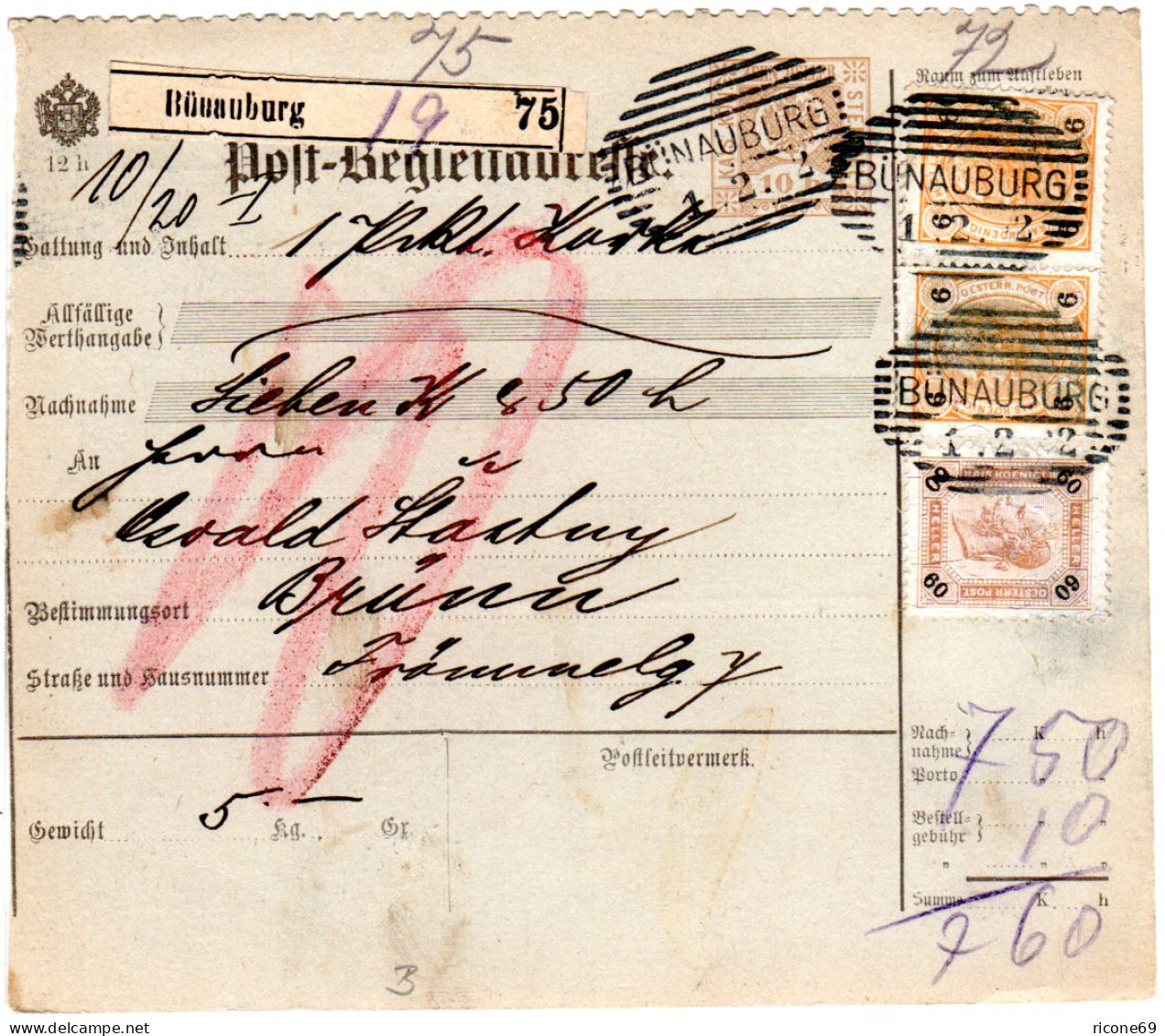 Österreich 1902, 60+2x6 H. Auf Nachnahme Paketkarte M. Stpl. BÜNAUBURG - Covers & Documents