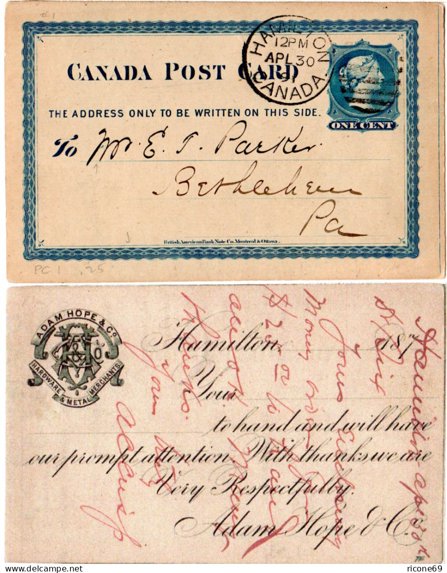 Kanada 1891, 1 C. Ganzsache V. Hamilton M. Rücks. Hardware & Metal Zudruck  - Postgeschiedenis