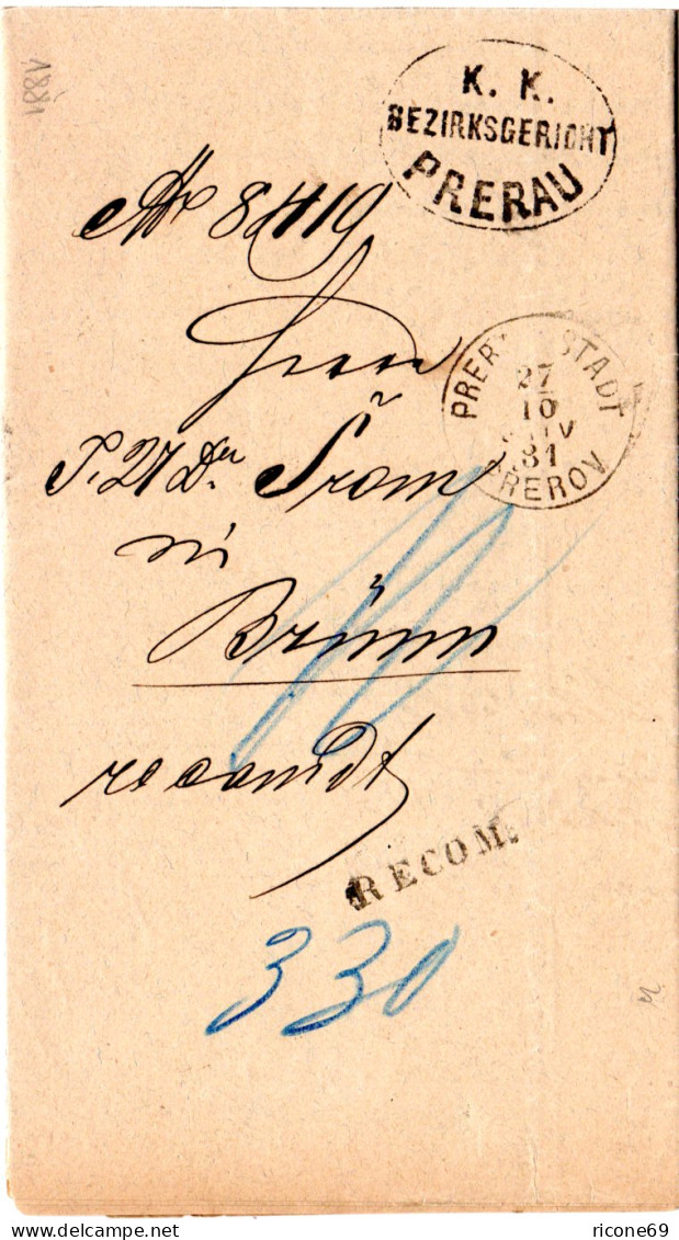 Österreich 1881, K1 PRERAU STADT U. L1 RECOM. Auf Einschreiben Gerichts Brief - Covers & Documents