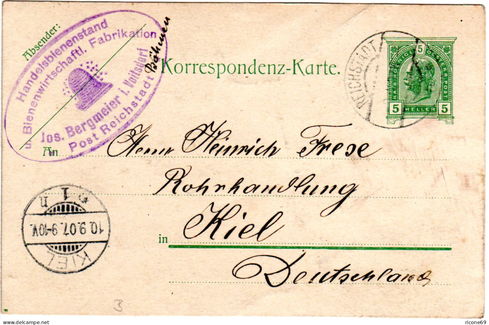 Österreich 1907, 5 H. Ganzsache M. Stpl. Reichstadt M. Voitsdorf Bienen Cachet - Storia Postale