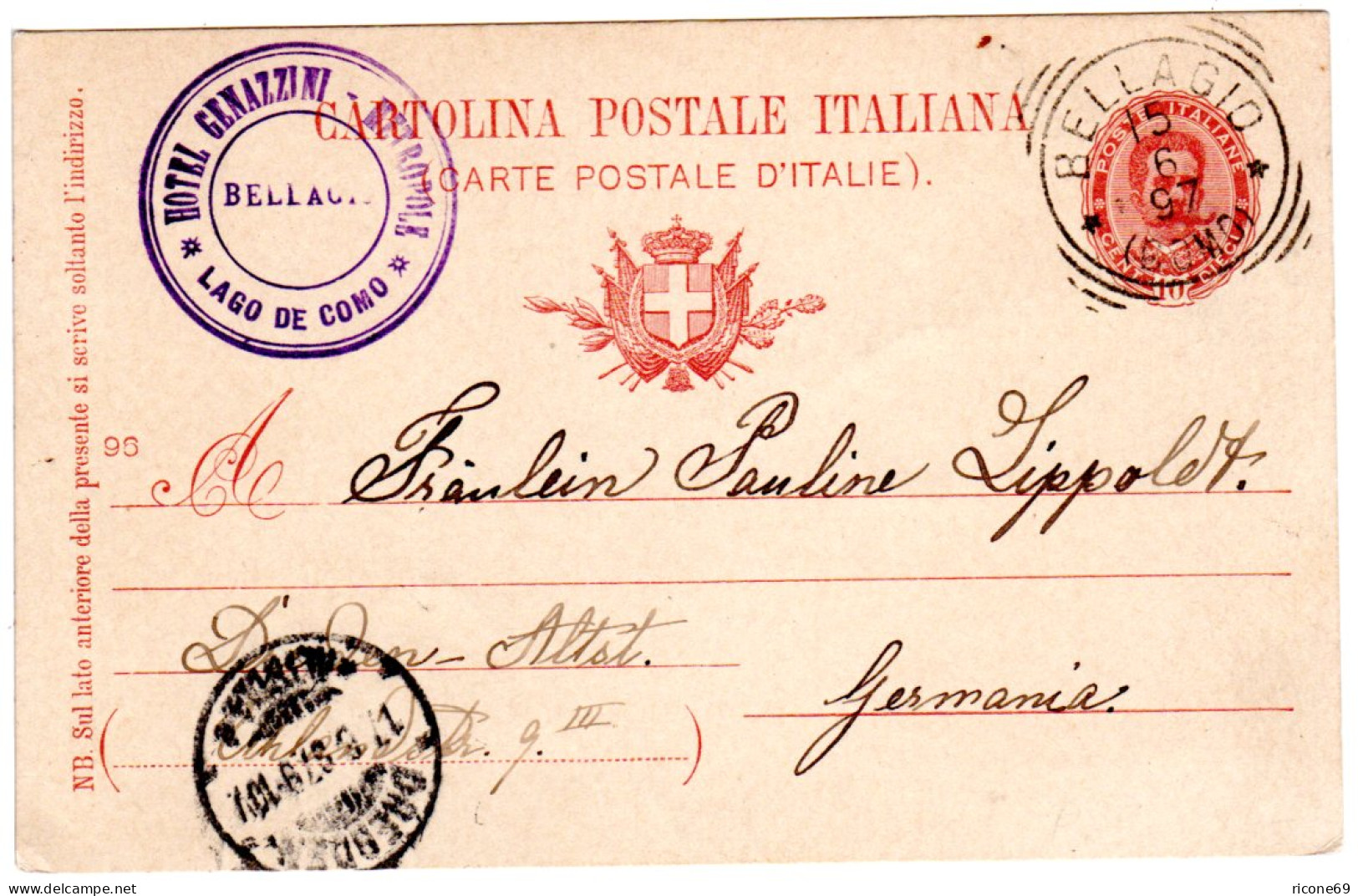 Italien 1897, 10 C. Ganzsache V. Bellagio M. Cachet HOTEL GENAZZINI Lago Di Como - Non Classificati