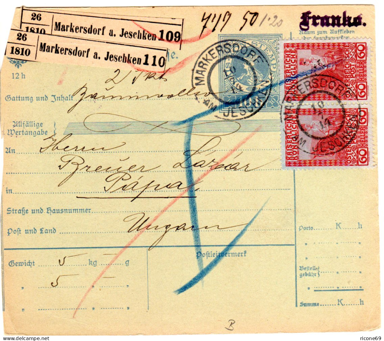 Österreich 1914, Paar 60 H. Auf Paketkarte V. Markersdorf Am Jeschken N. Ungarn. - Lettres & Documents