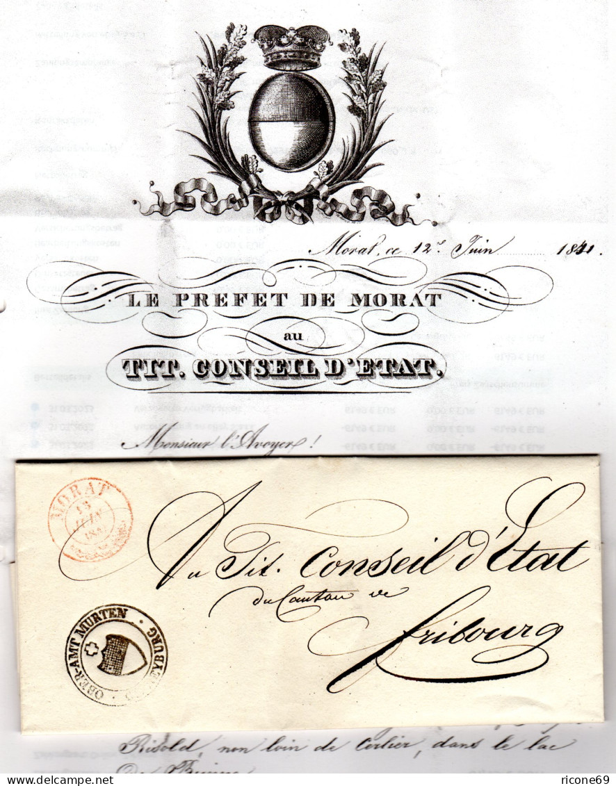 Schweiz 1841, Roter K2 MORAT U. Amtssiegel-Stpl. Auf Schönem Brief N. Fribourg - Cartas & Documentos