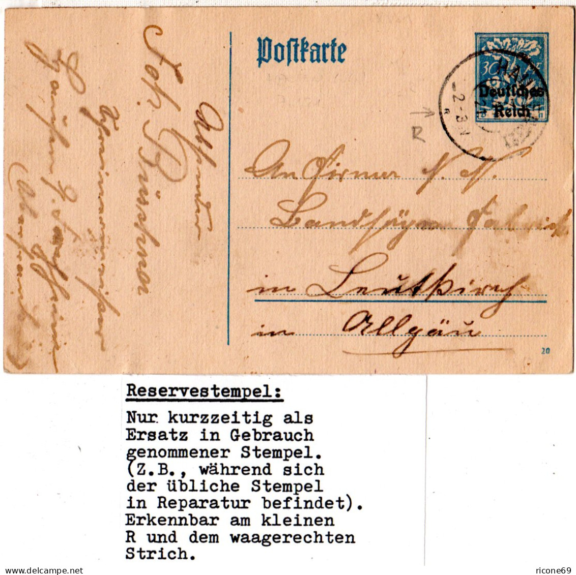 DR 1921, Alter Bayern Reservestempel HAUSEN R Auf 30 Pf. Ganzsache. (Helbig 100) - Lettres & Documents