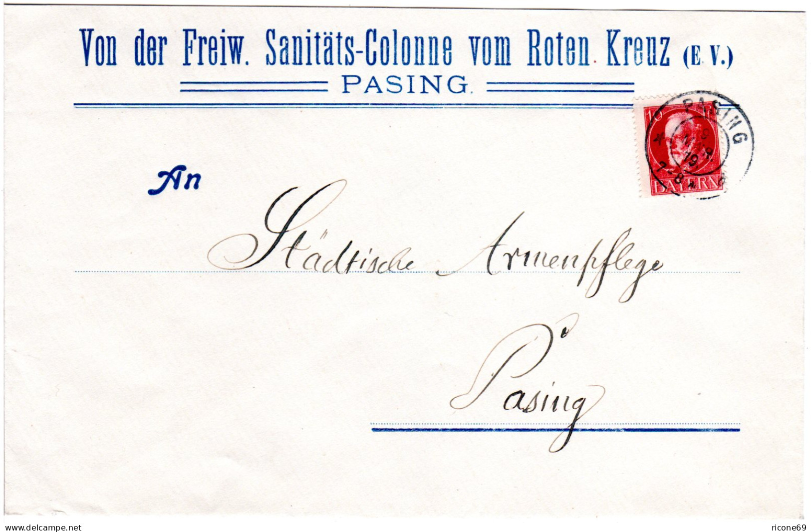 Bayern 1919, 10 Pf. Auf Rotes Kreuz Orts-Brief V. Pasing - Lettres & Documents