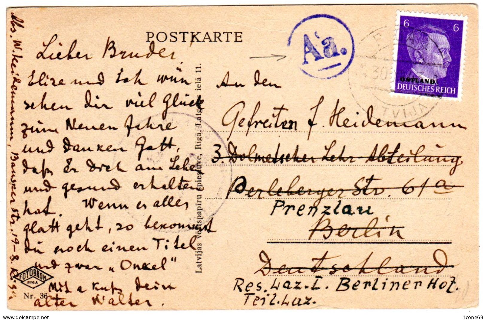 Besetzung Lettland 1943, 6 Pf. Ostland Auf Zensur-AK V. Riga N. Berlin - Occupation 1938-45