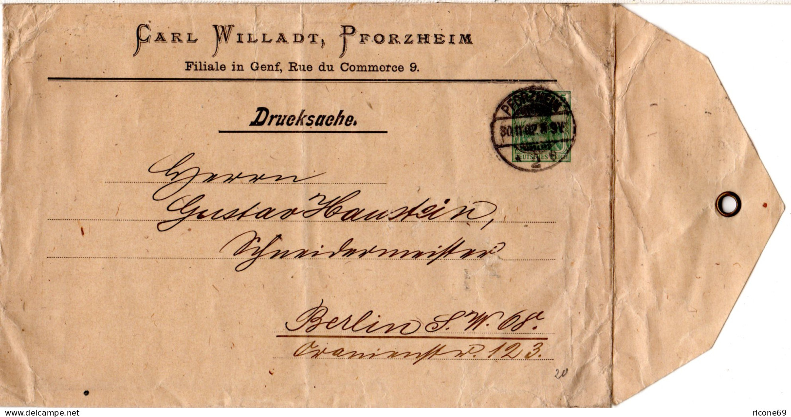 DR 1902, 5 Pf. Carl Willadt Privatganzsache Umschlag V. Pforzheim N. Berlin - Storia Postale