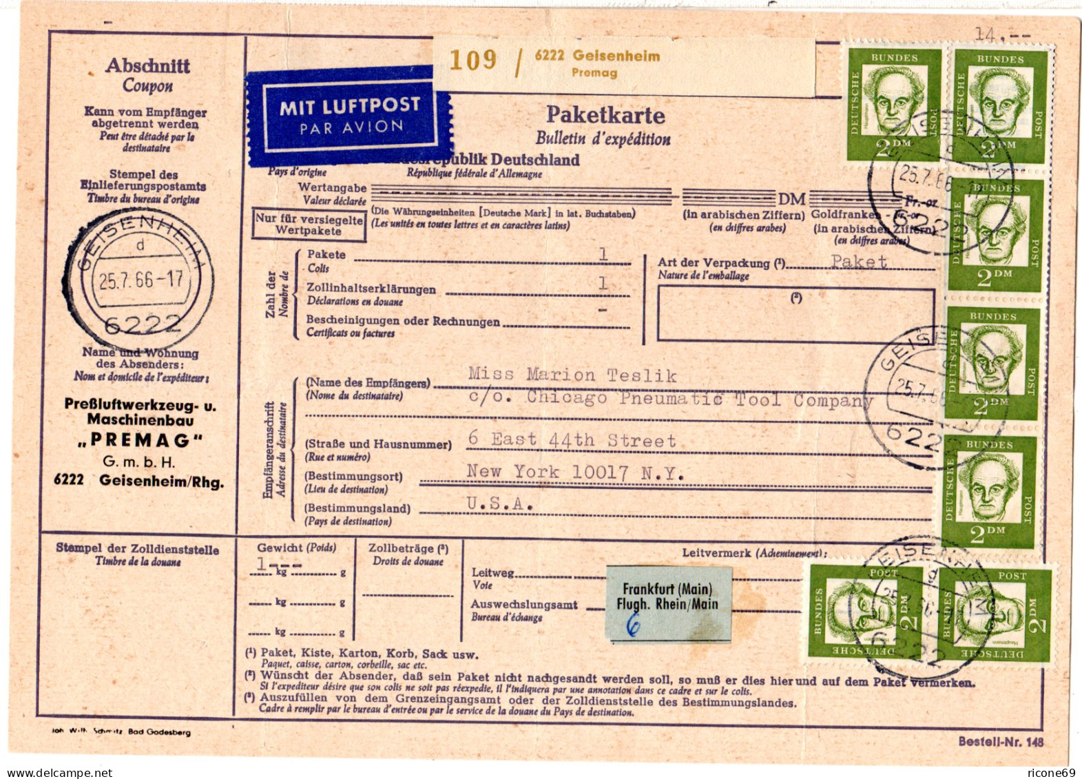 BRD 1966, Reine MeF 7x2 M. Auf Luftpost Paketkarte V. Geisenheim N. USA.  - Covers & Documents