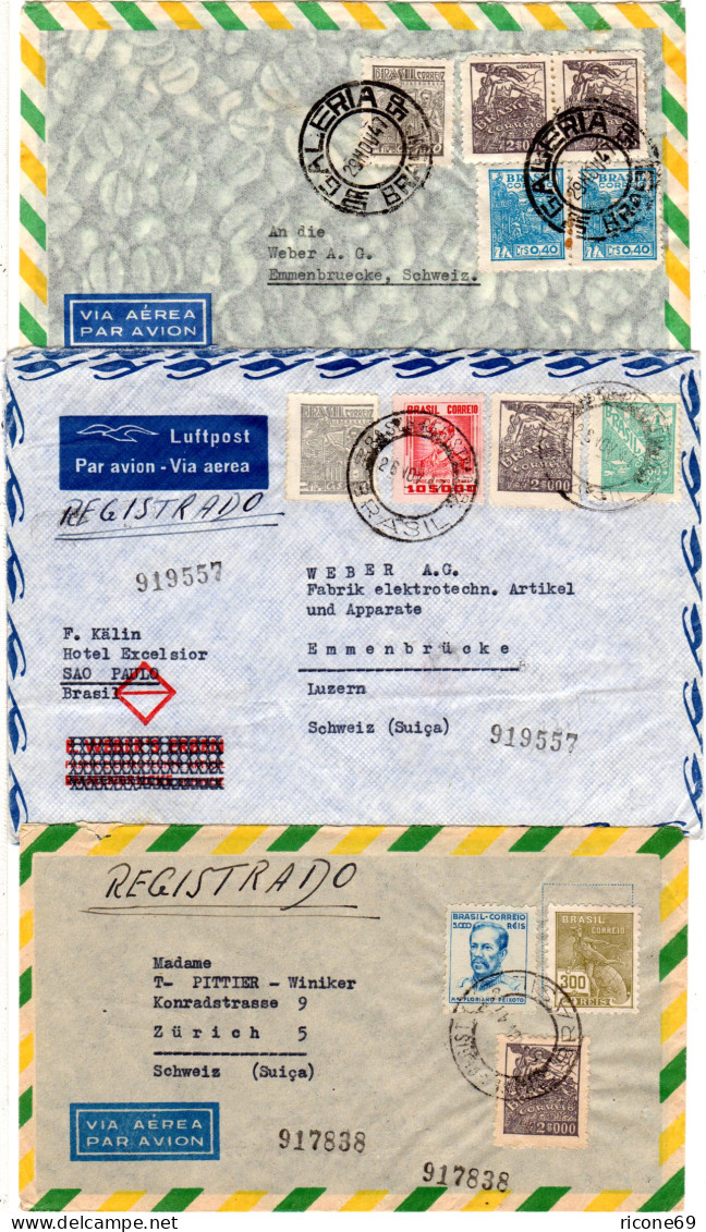 Brasilien 1947, 3 Luftpost Briefe In Die Schweiz, Dabei 1x Reko! - Brieven En Documenten