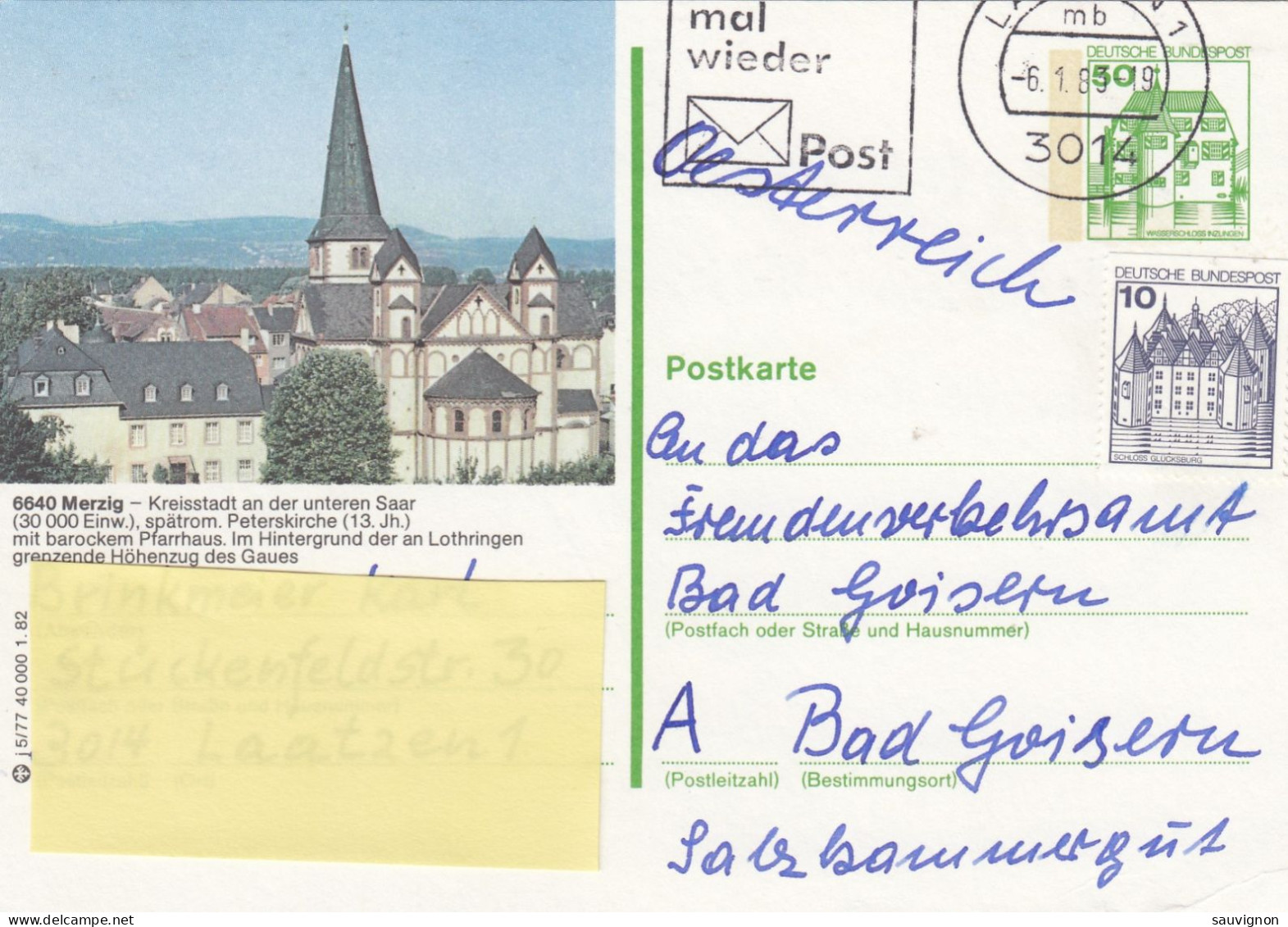 Deutschland. Bildpostkarte 6640 MERZIG - Peterskirche, Wertstempel 50 Pfg. Burgen Und Schlösser, Serie "j" - Bildpostkarten - Gebraucht