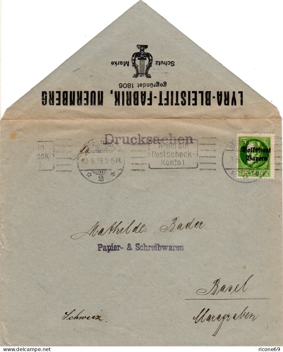 Bayern 1919, EF 5 Pf Volksstaat Auf Auslands Drucksache V. Nürnberg I.d. Schweiz - Storia Postale
