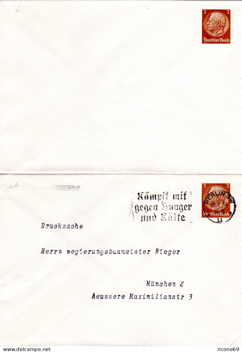 DR, Zwei 3 Pf. Hindenburg Privatganzsachenumschläge Gebr. U. Ungebr. - Lettres & Documents