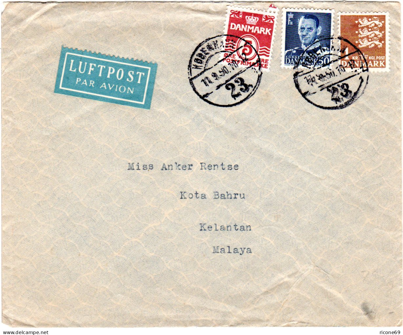 Dänemark 1950, 5+50 öre+1 Kr. Auf Luftpost Brief V. Kopenhagen N. Malaya - Altri & Non Classificati