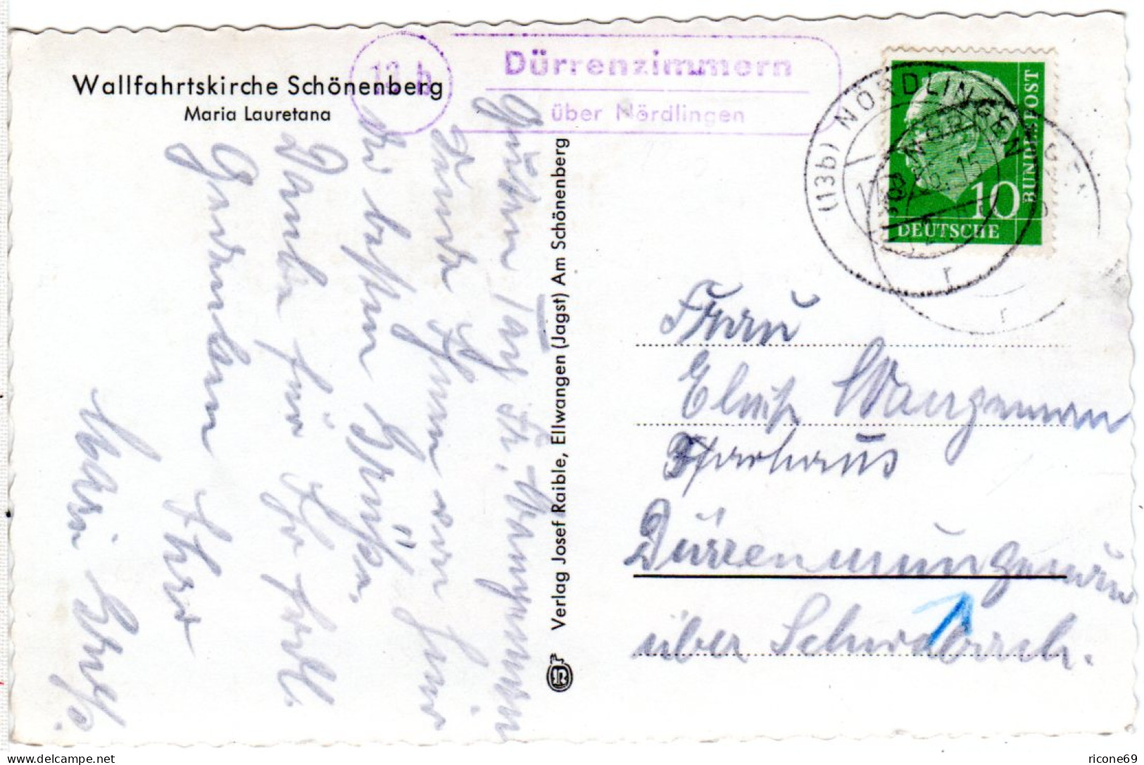 BRD 1951, Landpost Stpl. 13b DÜRRENZIMMERN über Nördlingen Auf Karte M. 10 Pf. - Storia Postale