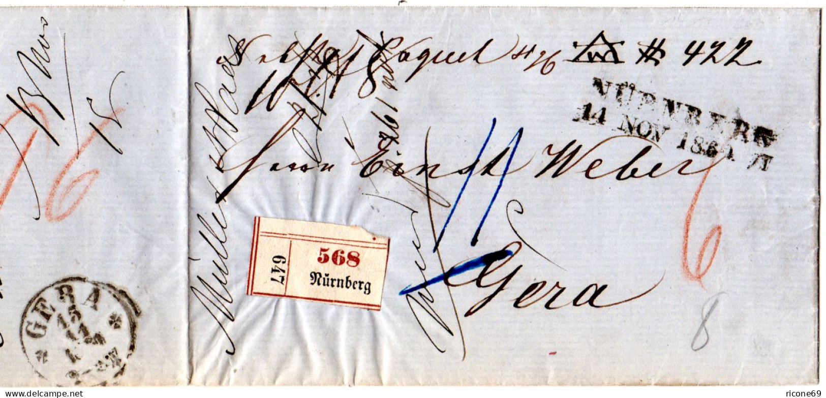 Bayern 1860, L2 NÜRNBERG Auf Paketbrief N. Gera, Thurn & Taxis Gebiet - Lettres & Documents