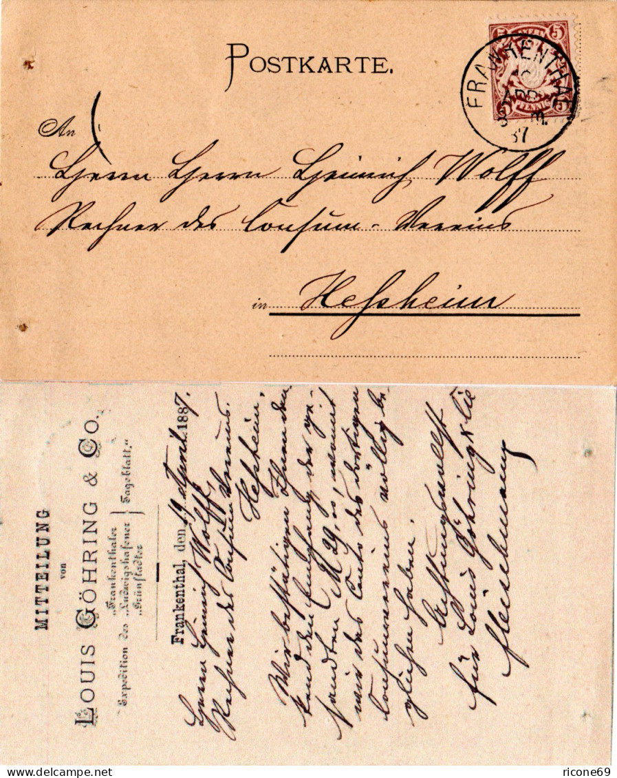 Bayern 1887, 5 Pf. Viol. Auf Karte V. Frankenthal, Expedition Des Tageblatt - Covers & Documents