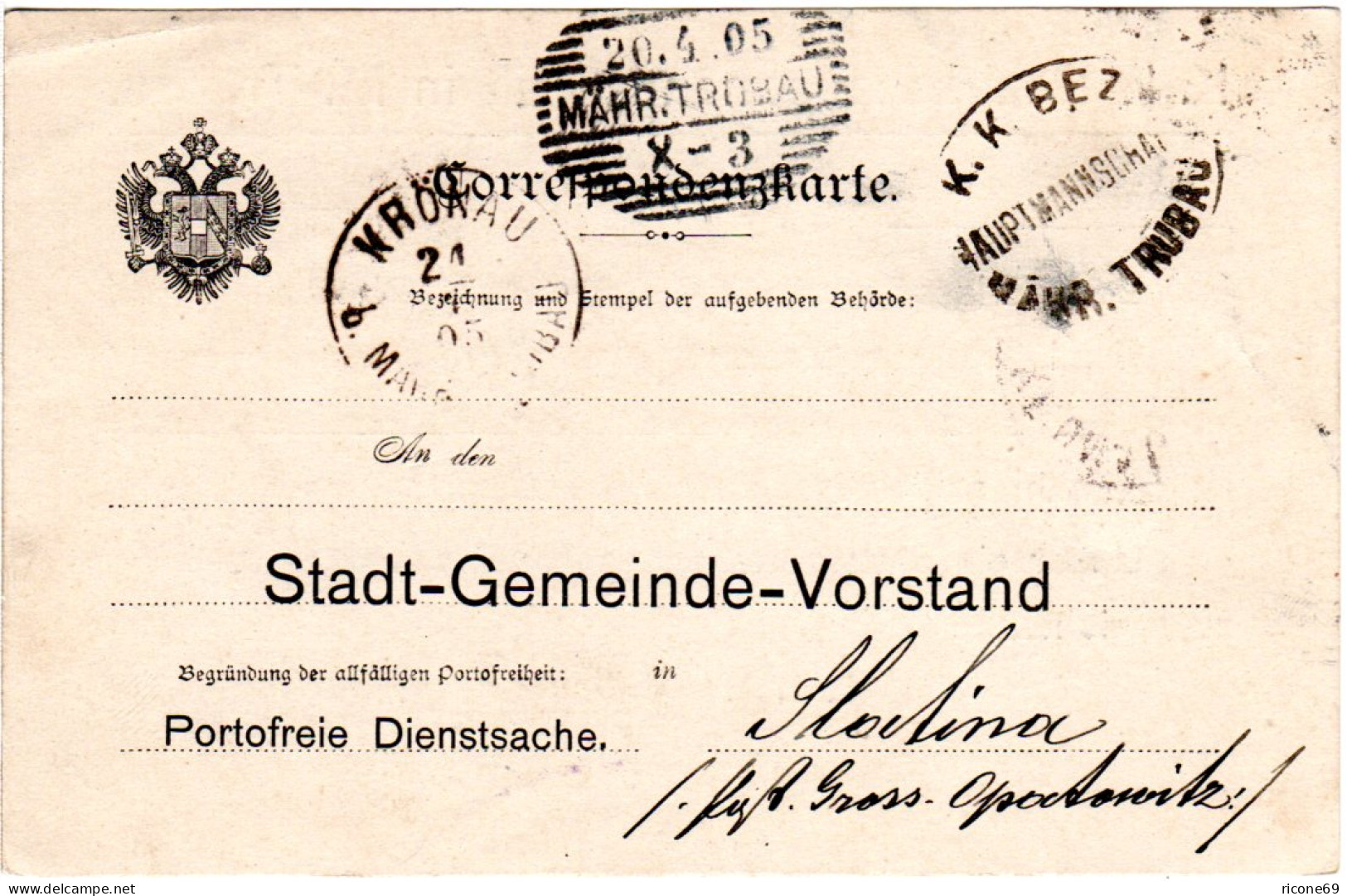 Österreich 1905, Mähren-Stpl. TRÜBAU U. KRÖNAU Auf Portofreier Dienstsache - Storia Postale