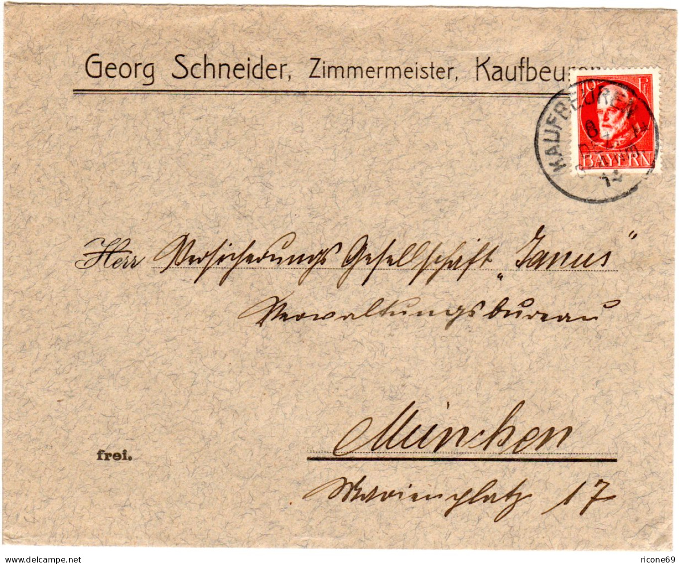 Bayern 1914, 10 Pf. Auf Firmenbrief Zimmermeister G. Schneider V. KAUFBEUREN - Lettres & Documents